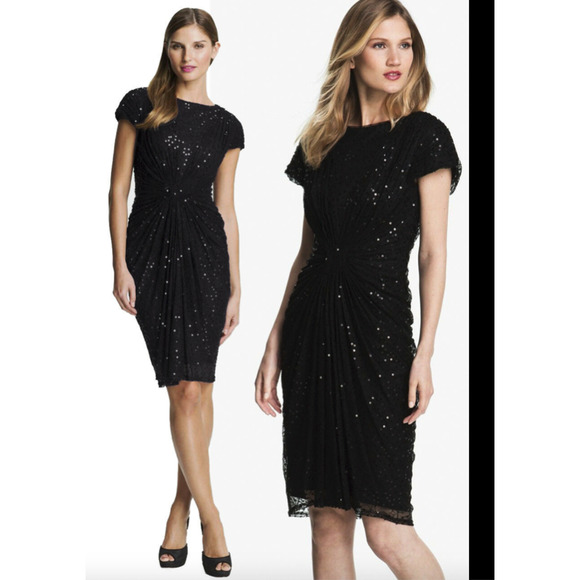 $348 Tadashi‎ Shoji Gathered Sequin Mesh Dress in Black ~XS - Picture 1 of 5